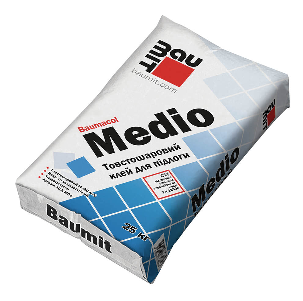 Товстошарова клейова суміш для керамічної плитки Baumit Medio - Леодім Товстошарова клейова суміш для керамічної плитки Baumit Medio